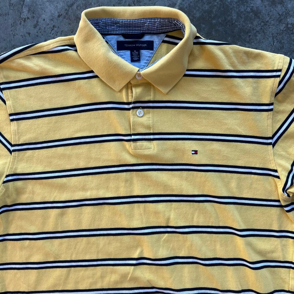 Tommy Hilfiger Polo Mens XL Yellow Navy Striped Short Sleeve Cotton Pique Logo - Picture 5 of 7